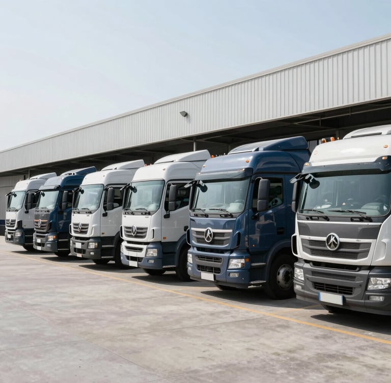 A fleet of modern logistics trucks parked at clean concrete loading docks under bright natural daylight, crisp industrial photography, 35mm.