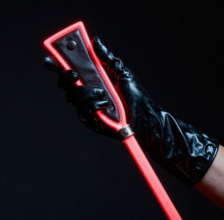 Low angle shot of a high-gloss black latex glove holding a leather riding crop, sharp crimson neon rim light, dark cyber-noir background, 35mm photography