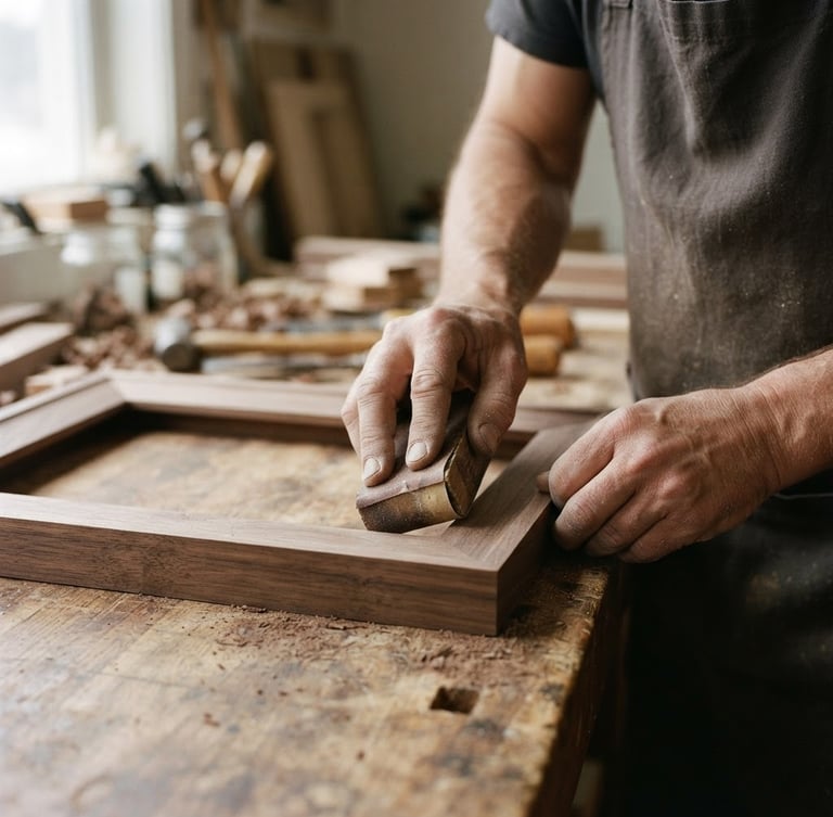 Primer plano de manos de artesano lijando suavemente un marco de madera de nogal bajo luz natural, enfoque en la textura de la madera y las herramientas tradicionales.