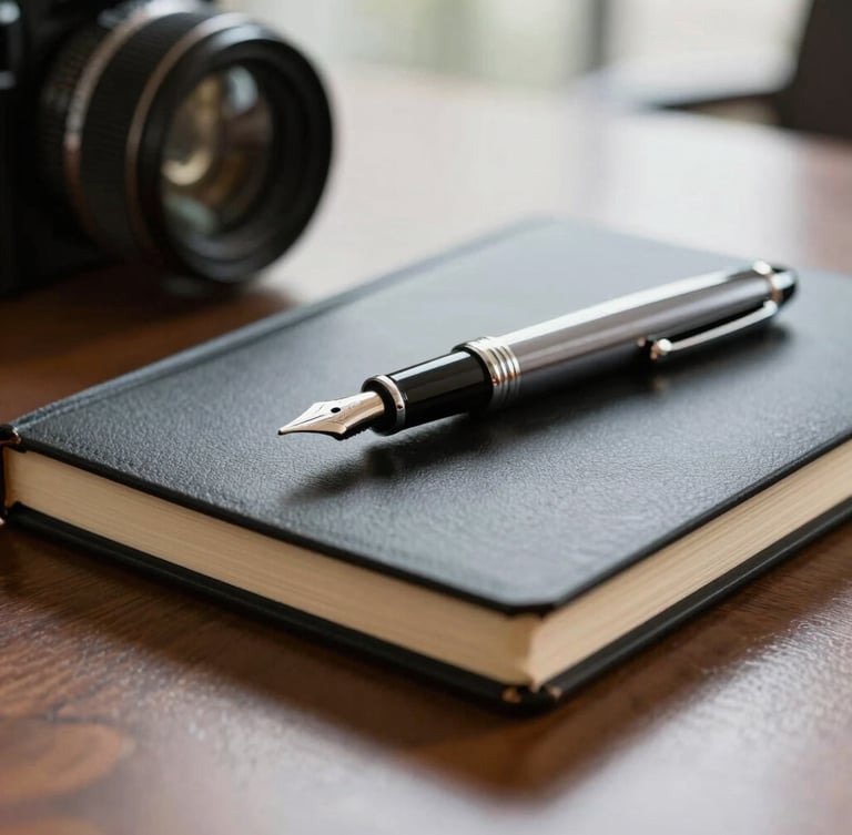 Macro close-up of high-end physical executive tools, a heavy black notebook and a classic fountain pen resting on a polished boardroom table, soft window light, shallow depth of field.