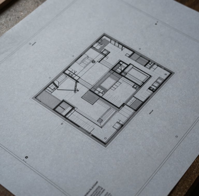 Overhead shot of architectural blueprints on a drafting table, precise lines, diffused light, slate tones.