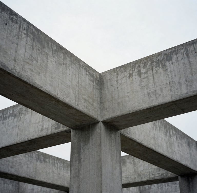Minimalist architectural photograph of interlocking concrete beams, diffused overcast daylight, sharp geometric composition, desaturated slate tones, 35mm