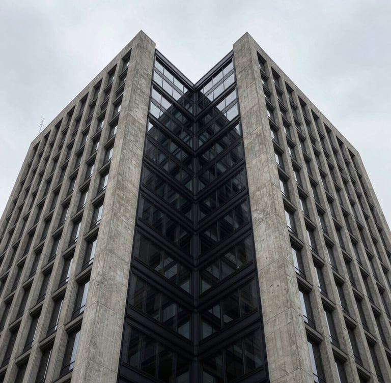 Symmetrical architectural crop of a modern concrete and steel financial headquarters, deep shadows, sharp geometric lines, overcast daylight.