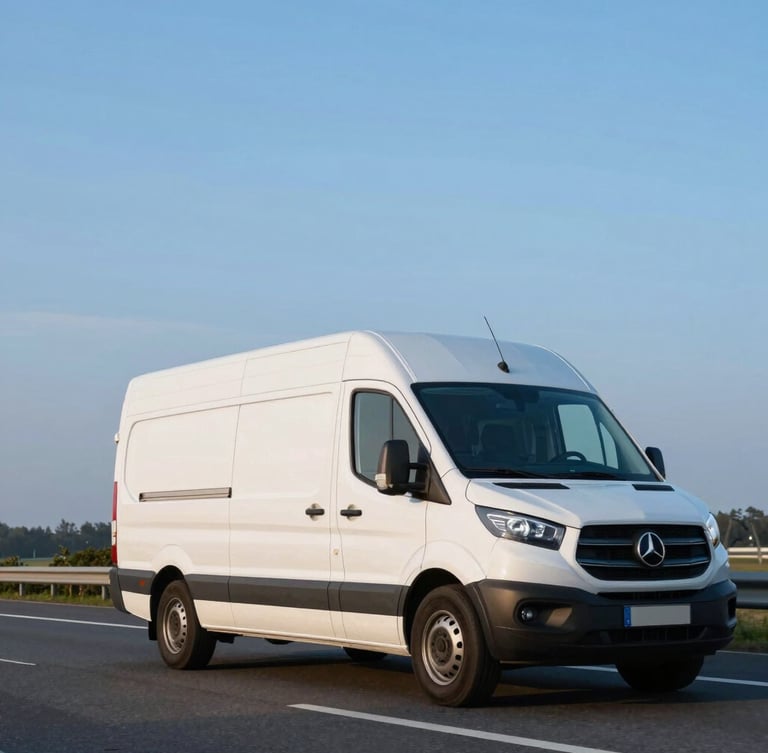 Low-angle tracking shot of a modern white refrigerated transport van driving on a Dutch highway during crisp morning blue hour, sharp focus, professional commercial photography