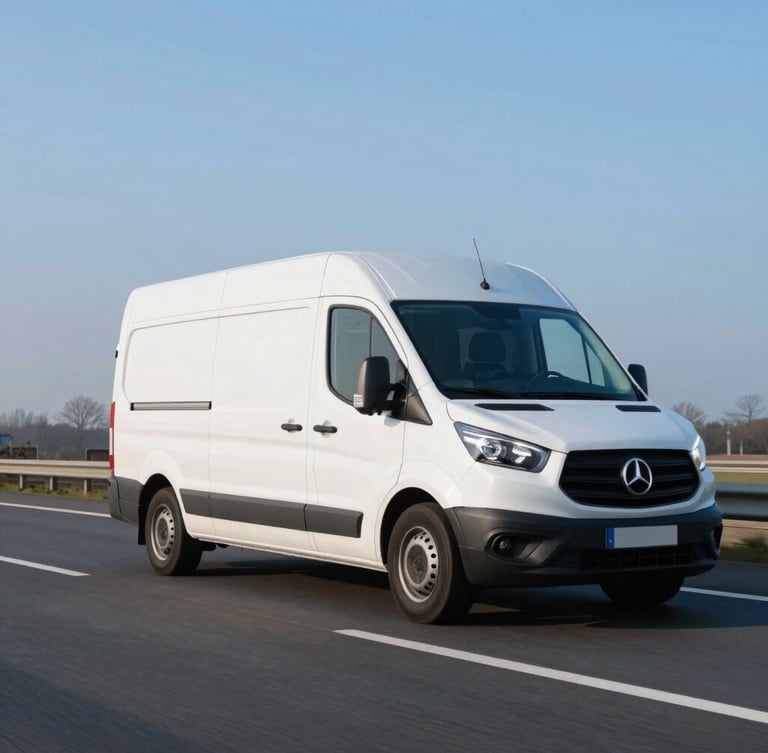 Low-angle dynamic tracking shot of a clean white refrigerated cargo van driving on a Dutch highway near Den Haag, crisp morning daylight, cool blue tones, professional commercial photography, 35mm lens