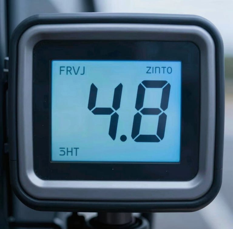 Macro shot of a modern transport vehicle digital temperature display showing exactly 4.0 degrees Celsius, cool blue morning light, sharp focus