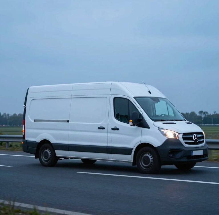 Side view of a clean white refrigerated transport van driving on a Dutch highway during the early morning blue hour, crisp light, professional photography
