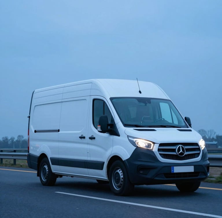Low-angle tracking shot of a clean white refrigerated transport van driving on a Dutch highway during early morning blue hour, sharp focus, cool blue tones