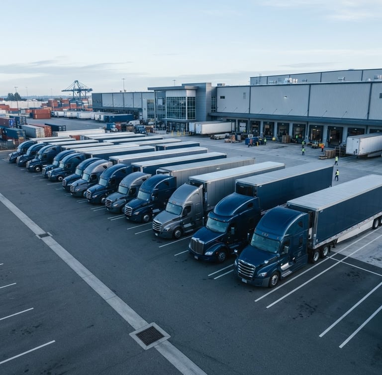 Wide environmental shot of a modern fleet of freight trucks parked in a clean shipping terminal under crisp morning daylight, cool steel blue tones