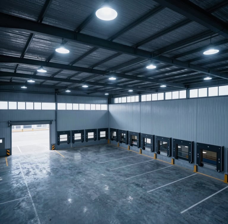 High-angle clean warehouse interior with high-bay lighting, an organized loading dock visible, cool morning daylight, blue tones.