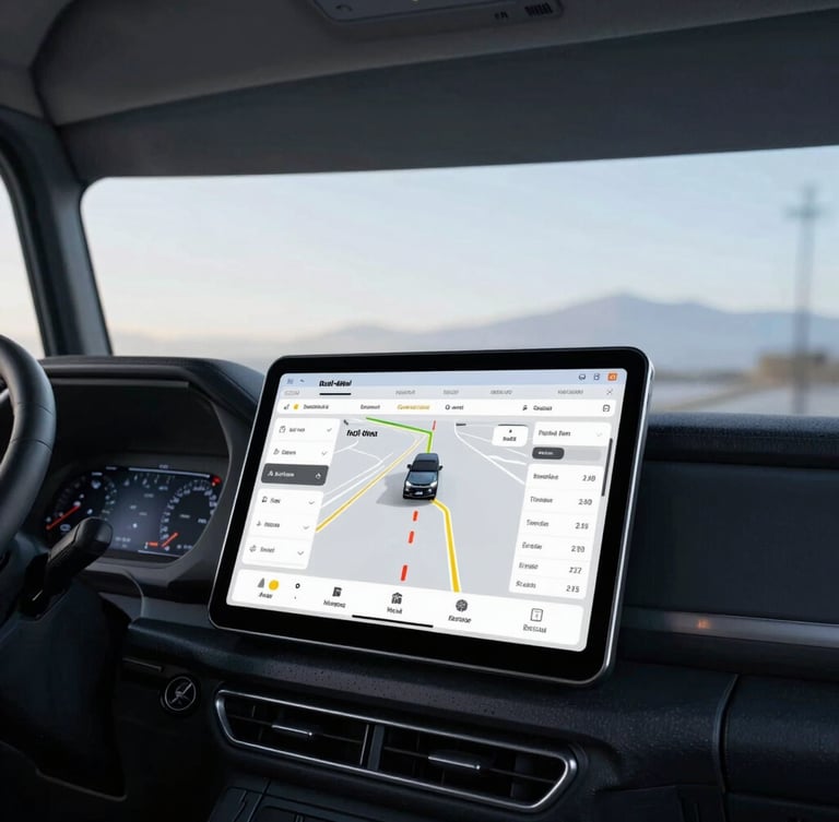 A tablet displaying real-time routing analytics and fleet tracking inside a modern truck cabin, cool morning daylight, professional commercial lighting