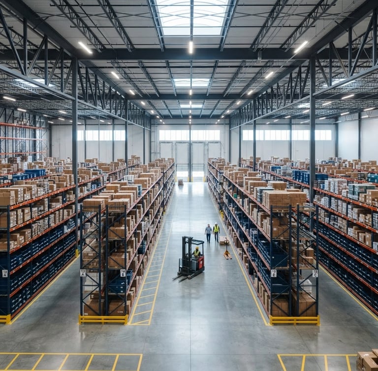 High-angle shot of clean warehouse interior with high-bay lighting and organized racks, deep navy and steel gray tones, premium commercial photography, cool morning daylight