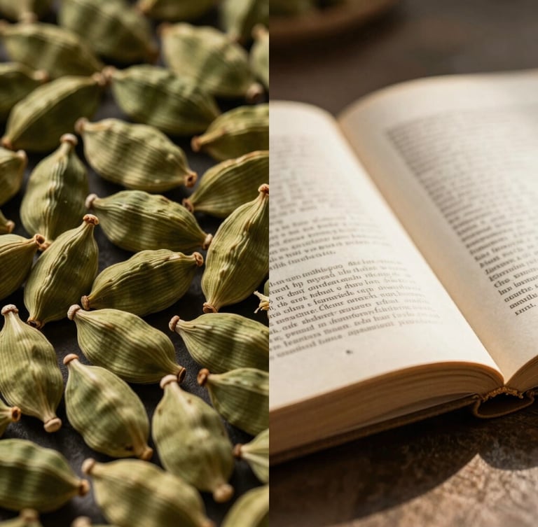 A minimalist, high-contrast split composition. On the left, a macro shot of raw green cardamom pods; on the right, an open heavy-paper academic book in warm morning light.