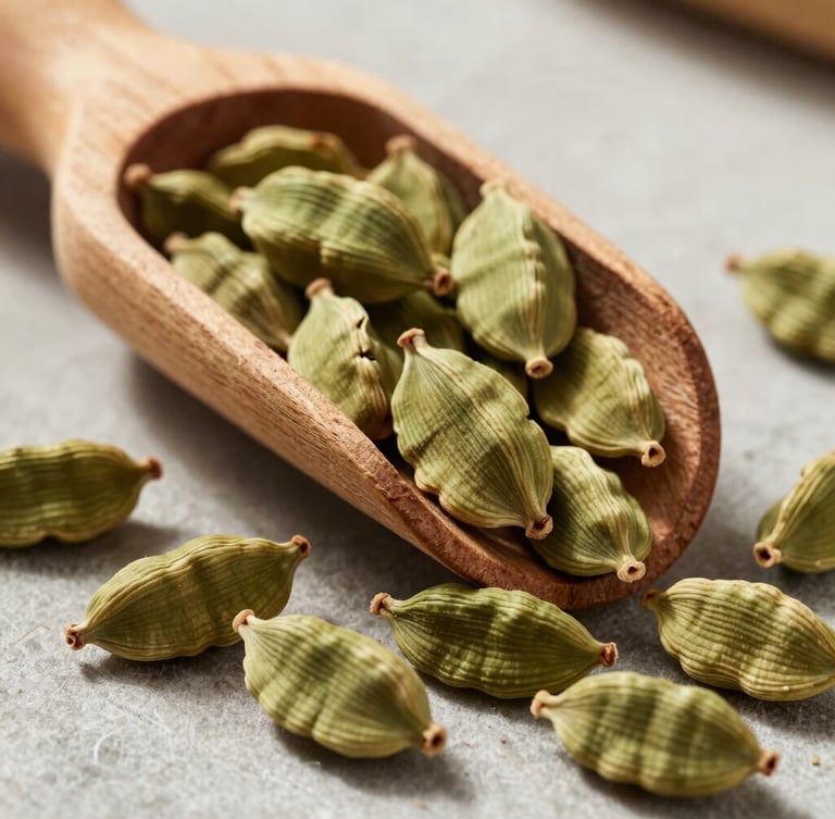 A close-up of unprocessed green cardamom pods in a rustic wooden scoop, sharp natural daylight, textured surface.