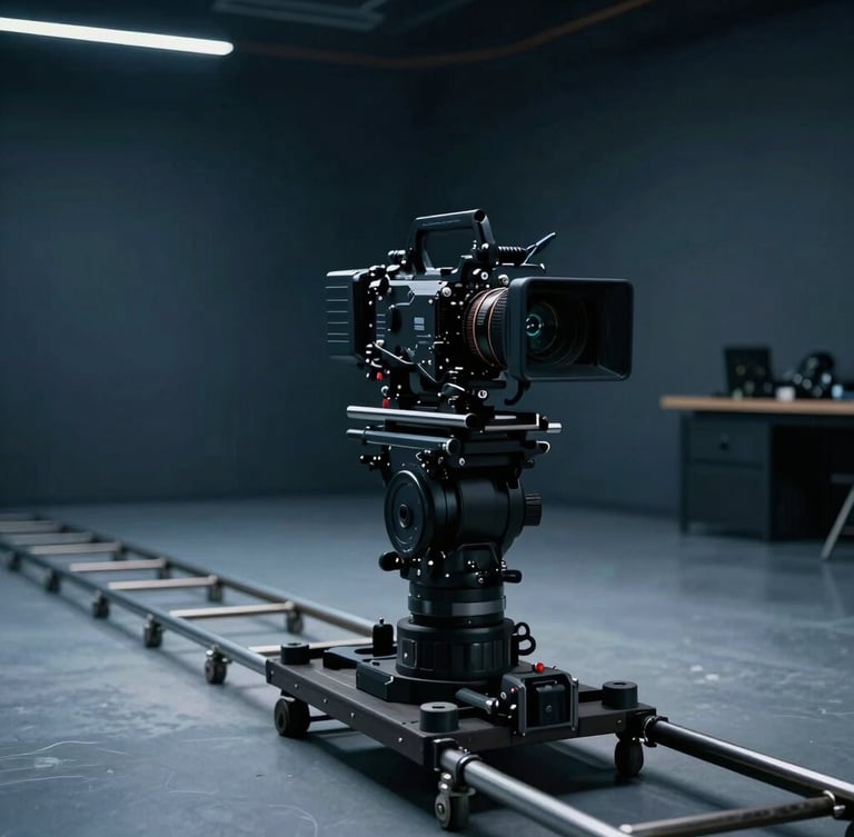 Wide cinematic environmental shot of a professional camera rig on a dolly track in a sleek modern studio, high-contrast lighting, deep blue and charcoal tones, anamorphic lens, shallow depth of field