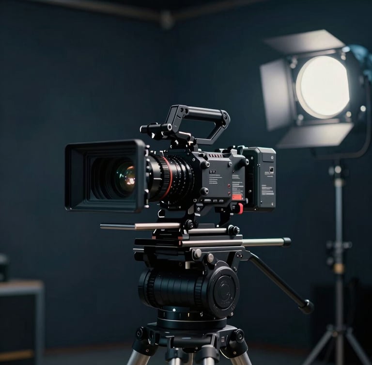 Cinematic wide shot of a high-end camera rig on a professional set, moody studio lighting with deep navy tones, anamorphic lens flare, shallow depth of field