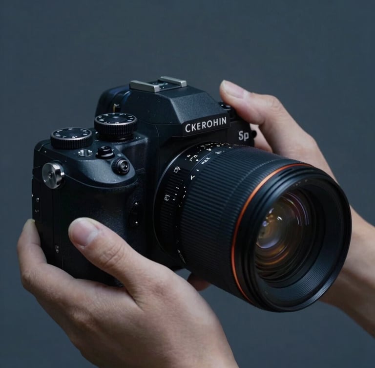 Cinematic close-up of hands adjusting a professional camera lens, moody studio lighting, sharp focus on mechanical details, navy and charcoal tones.