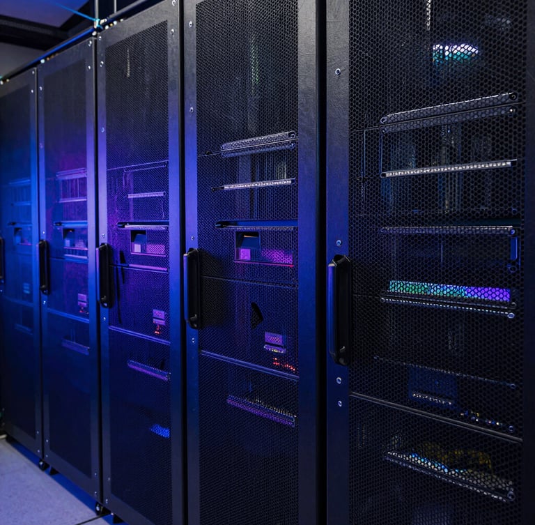 Ultra-wide macro photograph of high-density server rack arrays, moody deep blue and violet directional edge lighting, dark metallic textures, absolute precision.