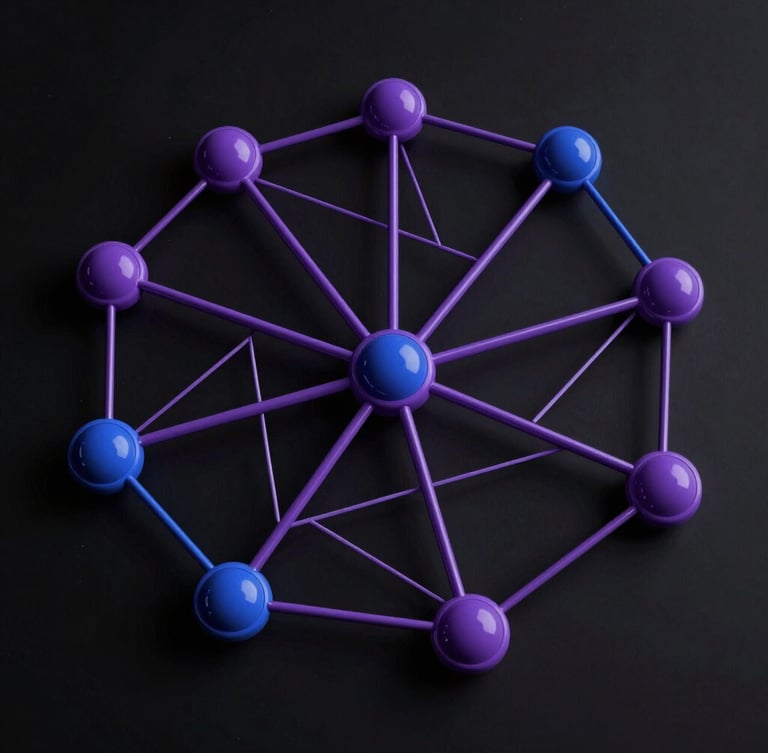 Ultra-wide schematic of a node-based network routing path in deep violet and blue on an absolute black canvas
