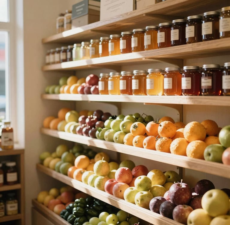 A warm cozy interior of a boutique green-grocery shop, wooden shelves filled with fresh colorful fruits, amber honey jars catching sun-drenched morning light, 35mm photography