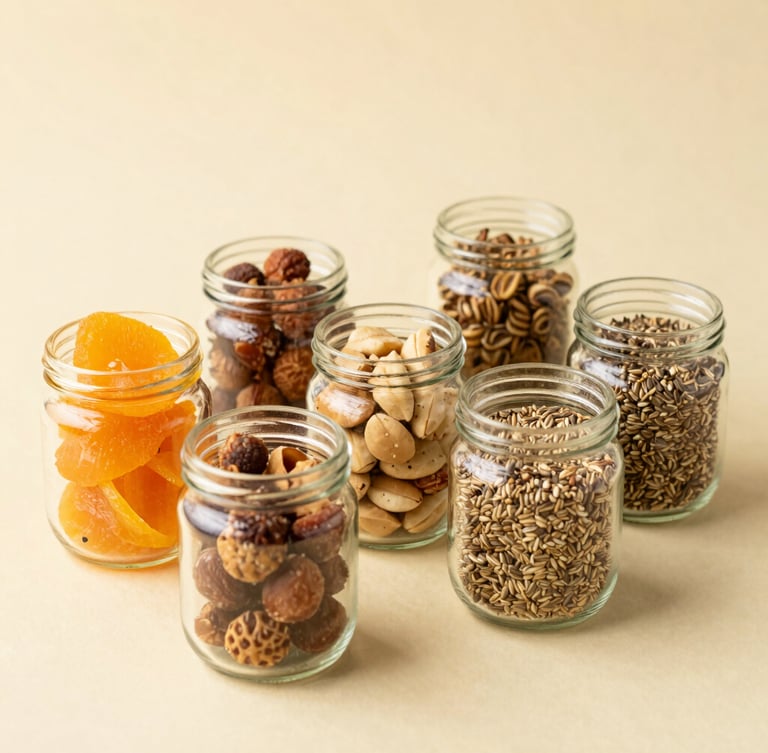 A beautiful arrangement of dried fruits, nuts, and clean glass jars filled with seeds on a warm pastel background, soft morning light