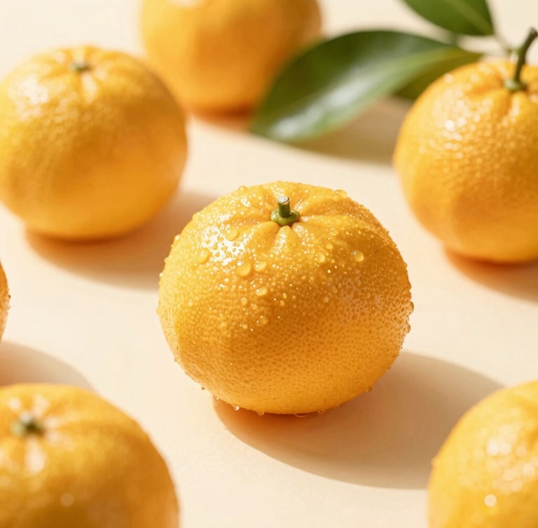 Macro close-up of glistening fresh citrus fruits and green leaves on a light cream surface, bright warm morning sunlight, shallow depth of field, 35mm