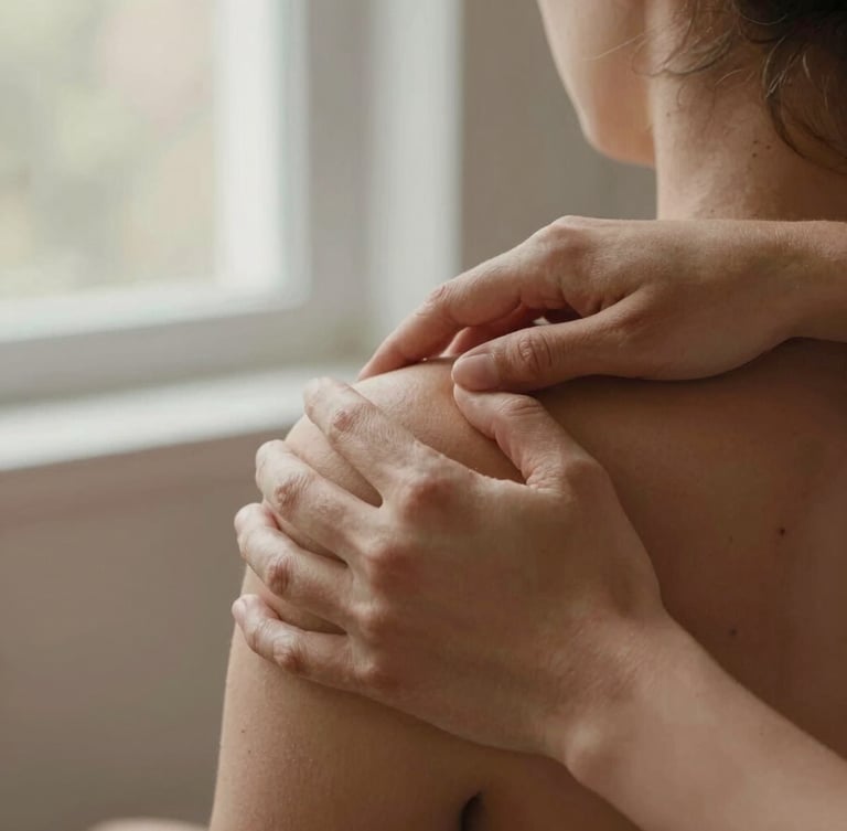 Close-up of hands guiding a therapeutic movement on a patient's shoulder, soft natural window light, warm terracotta tones, 35mm photography