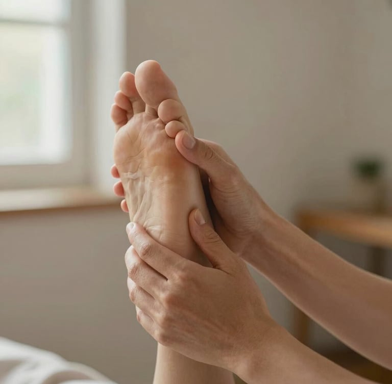 Medium close-up of hands guiding a patient's foot alignment during a therapeutic movement, warm natural light, shallow depth of field, focused on touch and precision.