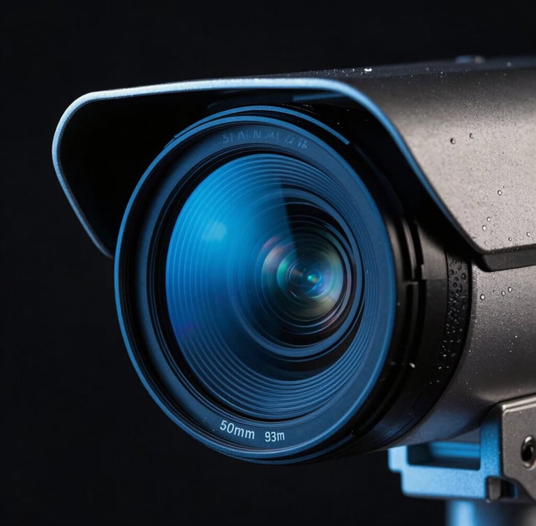 Dramatic high-contrast close-up of a professional security camera lens with sharp neon blue reflections, dark metallic background, crisp studio lighting, 50mm lens