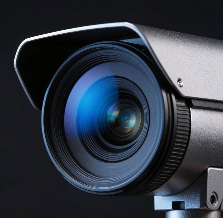 Close-up of a high-end security camera lens with sharp neon blue highlights, dark industrial metallic casing, dramatic studio lighting, 50mm lens