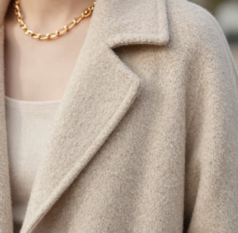 Close-up detail of a textured beige cashmere coat fabric and a gold chain necklace, soft natural daylight, shallow depth of field.