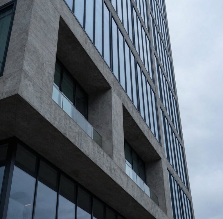 Architectural detail of a modern financial hub in Salt Lake City, sharp concrete and glass angles reflecting cool overcast daylight, 35mm lens, minimalist editorial style