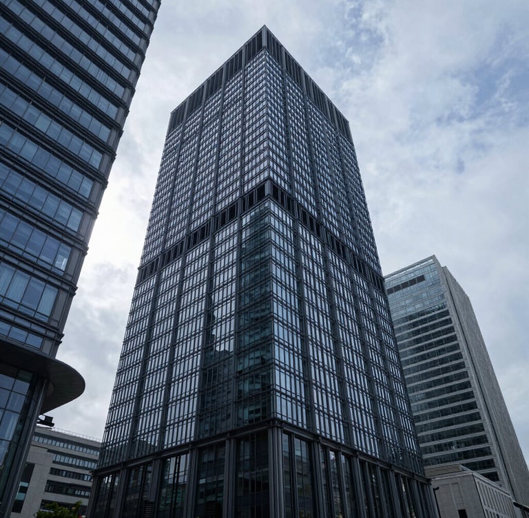 A sharp, wide-angle architectural shot of a modern financial center under cool, overcast daylight, with strong geometric shadows.