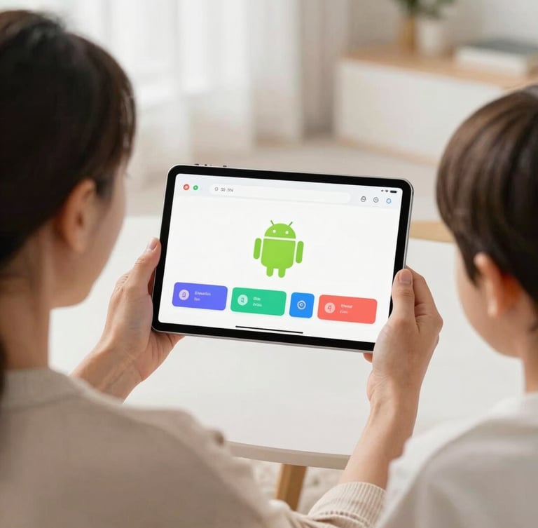 Over-the-shoulder shot of a grandmother and child looking at a clean, colorful Android app on a tablet, bright natural home interior, soft daylight, 35mm lens