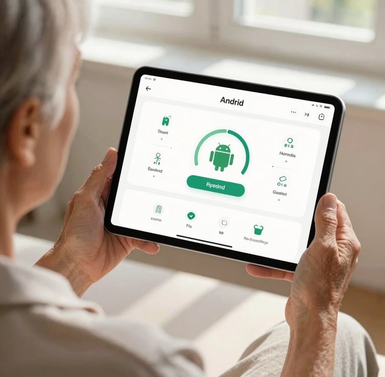 Over-the-shoulder view of a senior user navigating a beautifully clean Android health app on a tablet. Sunlight streaming through a nearby window.