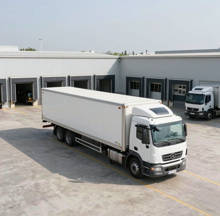Wide-angle environmental view of a modern refrigerated transport fleet parked at a clean, bright industrial loading dock during crisp daylight.