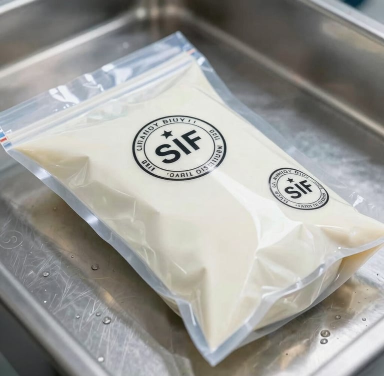 Close-up of industrial dairy packaging with official SIF inspection stamps, clean steel background, cold bright lighting