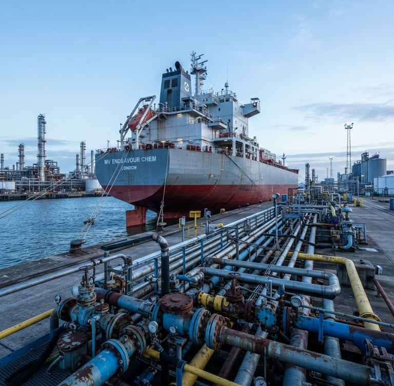 Low-angle industrial photography of a massive maritime chemical tanker docked at a deepwater port, steel pipes and valves in sharp focus under crisp morning daylight.