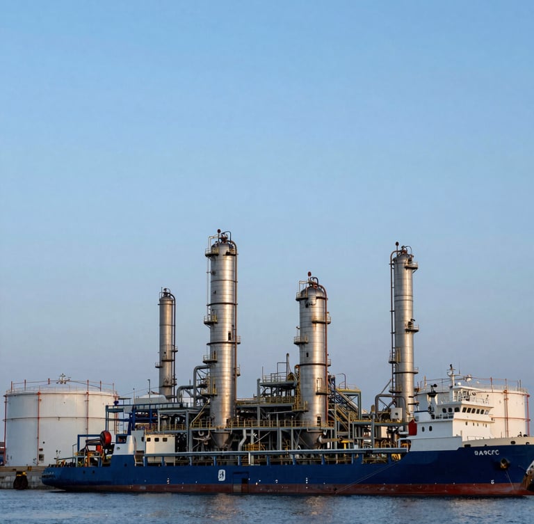 Low-angle shot of industrial storage tanks and maritime shipping vessels docked at a deepwater port, crisp daylight, cool steel tones, structured composition.