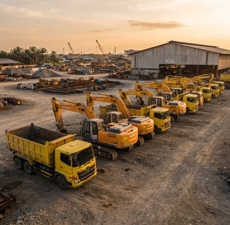 A clean alignment of yellow heavy excavators and dump trucks parked in an Indonesian industrial supply yard at early morning golden hour.