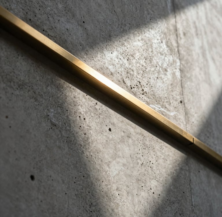 Low-angle architectural detail of raw textured concrete meeting polished brass trim, sharp diagonal shadow casting across the surface under high-contrast sunlight.