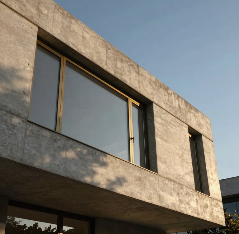 Low-angle architectural elevation of a concrete villa with sharp lines and brass window frames, shot during golden hour with dramatic shadows