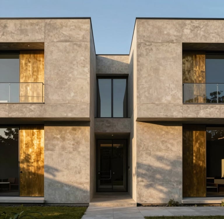Symmetric low-angle architectural elevation of a modern concrete and brass villa under dramatic golden hour light, strong shadows.