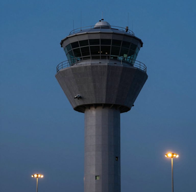 Low-angle heroic shot of an air traffic control tower against a dark blue twilight sky, sharp gold runway lights in the background