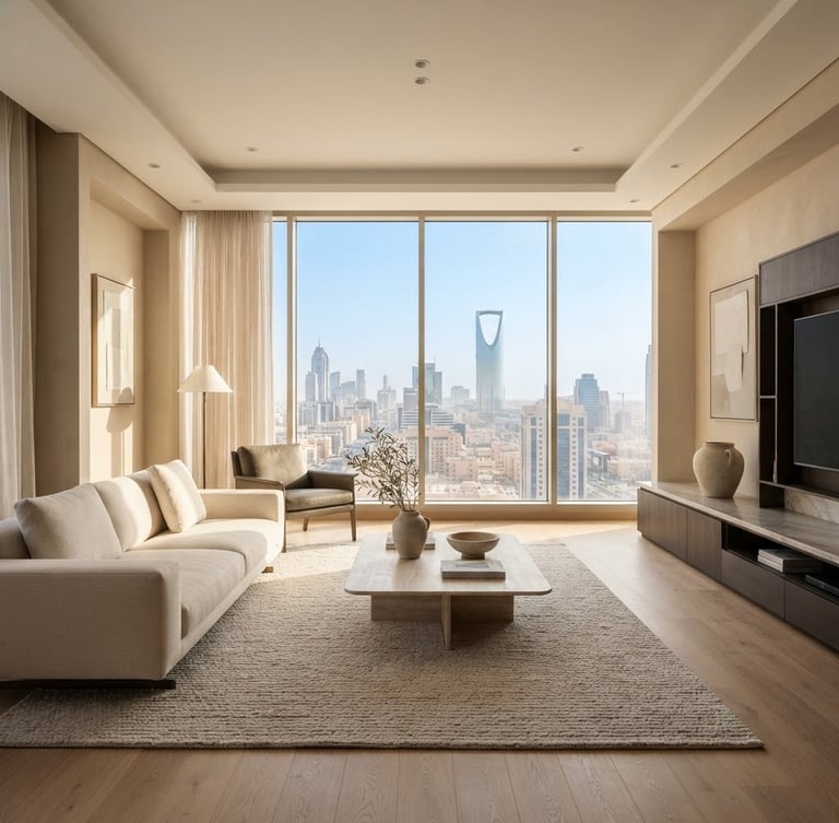 Bright modern apartment interior in Riyadh, straight-on architectural shot, warm morning daylight streaming through a large window, clean minimalist furniture, high-end interior design