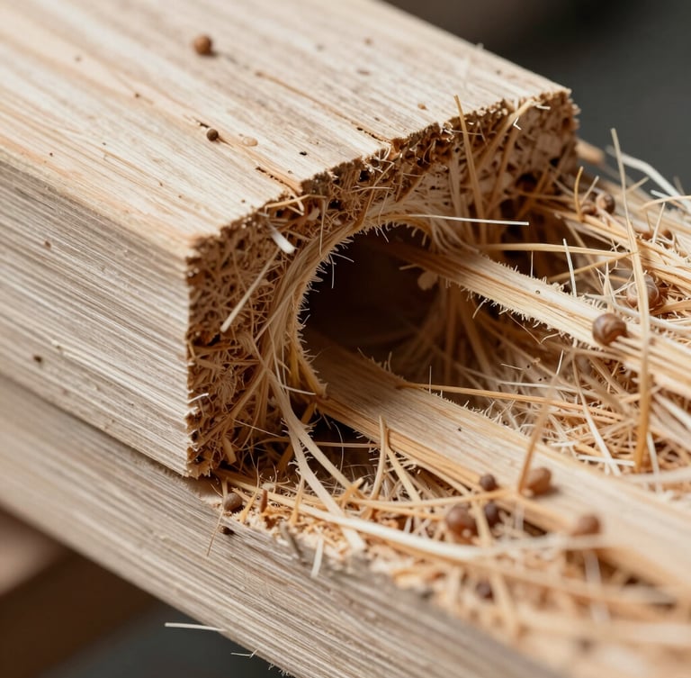 Macro photograph of termite damage inside structural timber, clean high-contrast clinical lighting, sharp focus on wood fibers and tunnels, scientific style