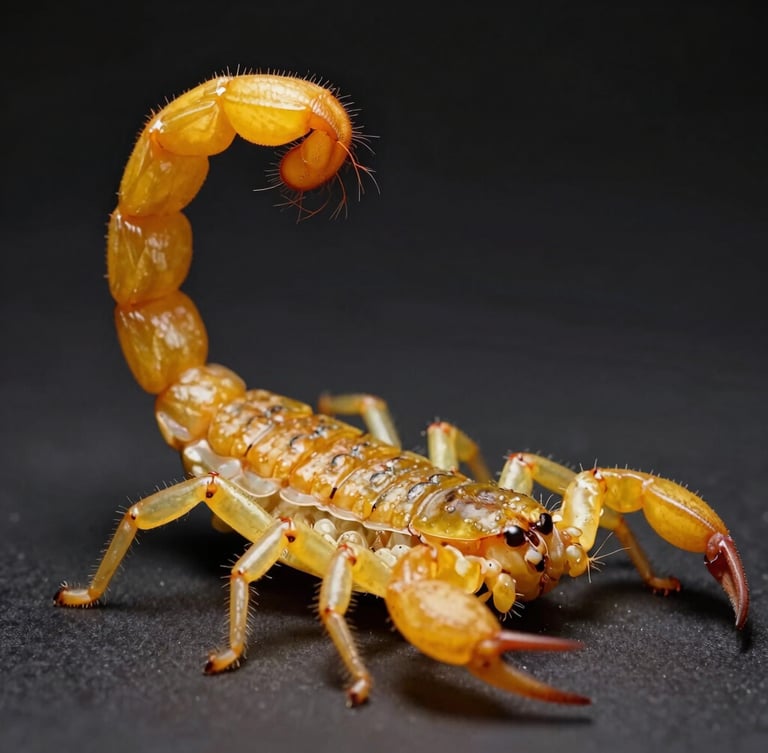 Extreme close-up of a yellow scorpion tail with stinger, illuminated by clinical amber light against a dark background, portrait aspect.