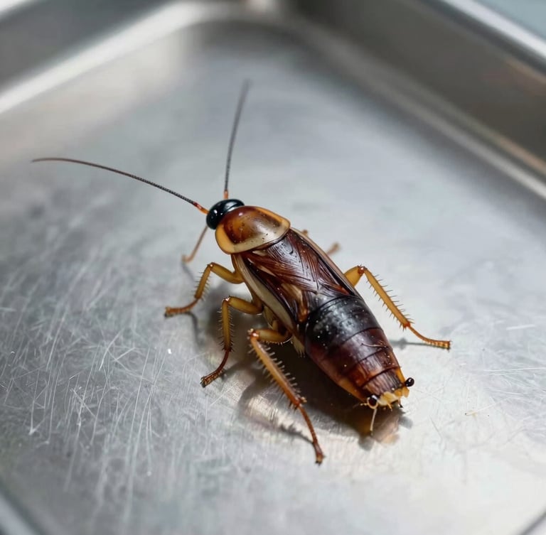 Macro photography of a German cockroach on a sterile stainless steel surface, high-contrast laboratory lighting, sharp focus on antennae.