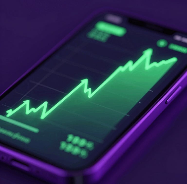 Ultra close-up macro shot of a high-resolution mobile screen displaying fluid neon green data charts, dark background with ambient violet glow, sleek 3D render
