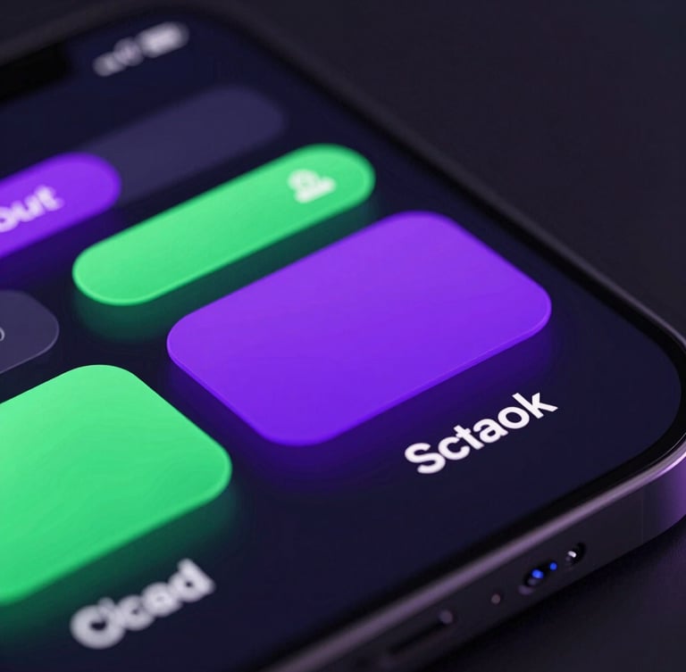 Ultra-close macro shot of a high-resolution mobile screen showing fluid UI transitions with vibrant neon violet and emerald glows, sleek 3d render, dark high-contrast ambient lighting